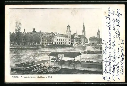 AK Zürich, Fraumünsterkirche, Stadthaus und Post