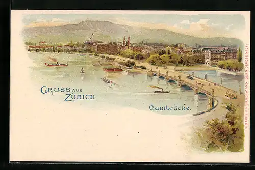 Lithographie Zürich, Gesamtansicht mit Quaibrücke