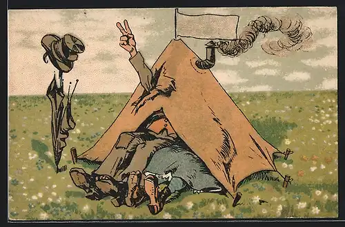 AK Bettlerpaar mit rausragenden Beinen und Arm im Zelt liegend
