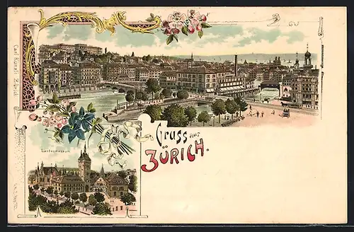 Lithographie Zürich, Landesmuseum, Stadtpanorama, Pferdebahn