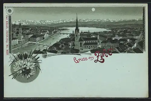 Mondschein-Lithographie Zürich, Totale mit Kirche