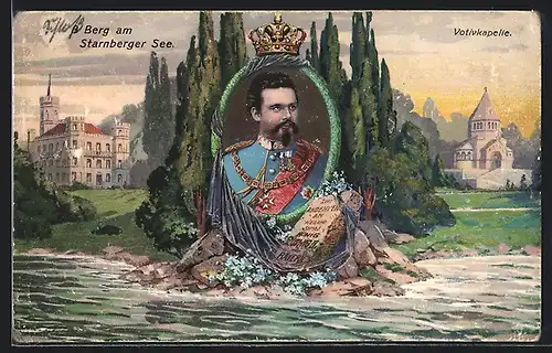 AK Berg, Schloss am Starnberger See und Votivkapelle, Portrait Ludwig II.