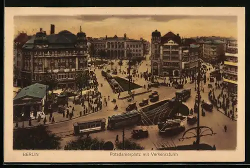 AK Berlin-Tiergarten, Potsdamer Platz mit Verkehrsturm und Strassenbahn