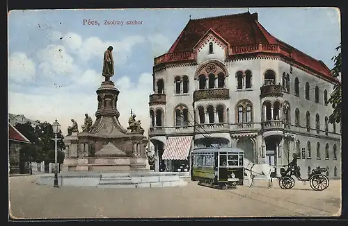 AK Pecs, Zsolnay szobor, Strassenbahn und Denkmal