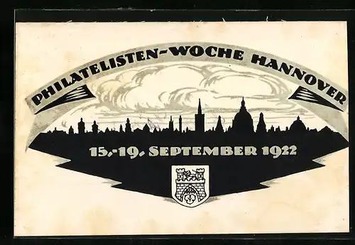 Künstler-AK Hannover, Philatelisten-Woche September 1922, Stadtpanorama im Scherenschnitt, Ganzsache