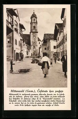 AK Mittenwald, Ortsansicht mit Strassenleben, Esperanto Text, Ganzsache