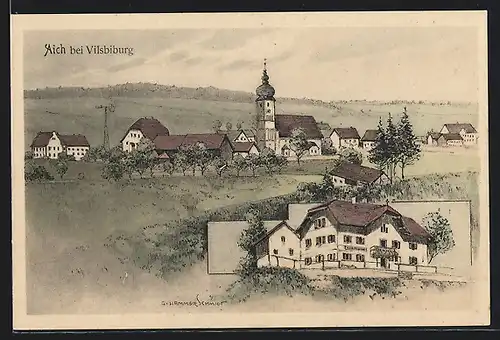 Künstler-AK Aich bei Vilsbiburg, Ortsansicht mit Gasthaus von Elise Wimmer