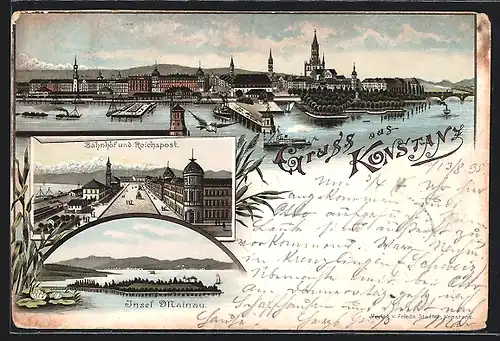 Vorläufer-Lithographie Konstanz, 1895, Bahnhof und Reichspost, Hafen, Insel Mainau