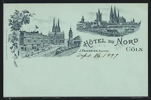 Lithographie Cöln, Hotel du Nord, Director J. Friedrich, Stadtansicht mit dem Dom