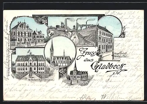 Lithographie Gladbeck i. W., Kaiserliches Postamt mit Gasthof zur Post, Katholische Kirche, Zeche Graf Moltke