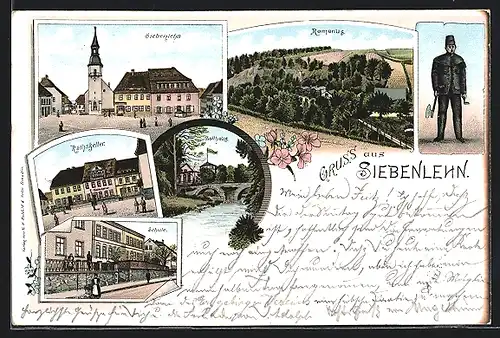 Lithographie Siebenlehn, Ortsansicht, Gasthaus Rathskeller, Schule, Bollhaus