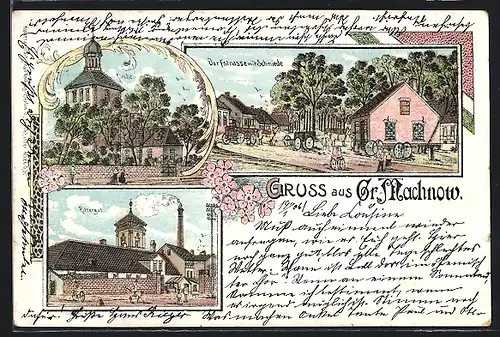 Lithographie Gr. Machnow, Dorfstrasse mit Schmiede, Kirche und Rittergut