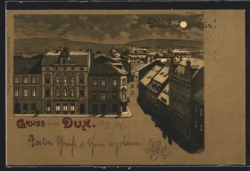 Lithographie Dux / Duchcov, Strassenpartie mit Gebäudeansicht