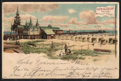 Lithographie Heringsdorf, Kaiser-Wilhelm-Brücke mit Strand