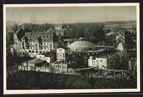 AK Piestany, Teilansicht mit Runddach-Bau aus der Vogelschau