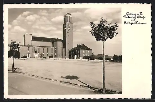 AK Gablonz a. N., Neue kath. Kirche und Rüdigerbrunnen