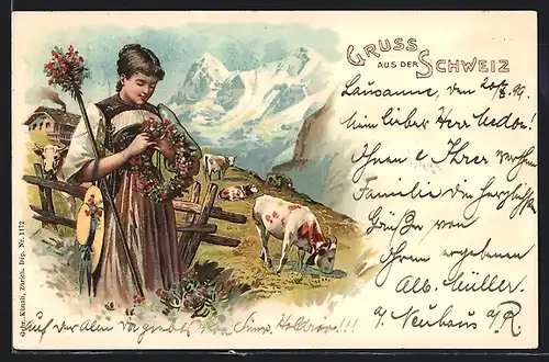 Lithographie Frau aus der Schweiz in Tracht