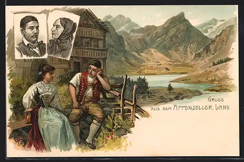 Lithographie Paar in Appenzeller Tracht sitzt vor dem Haus, Altes Ehepaar