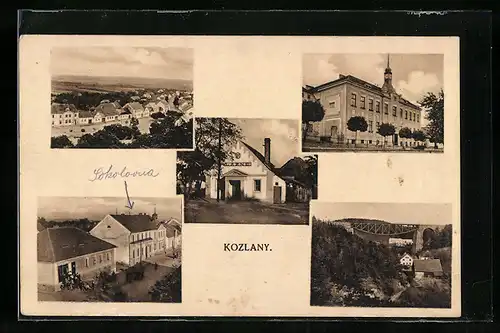 AK Kozlany, Ortsansicht mit Brücke, Strassenpartie mit Schule