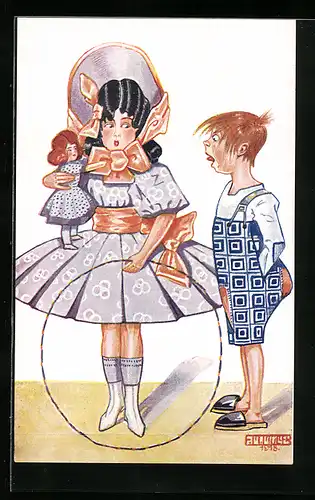 Künstler-AK sign.: E. Müller, Mädchen im Kleid mit Puppe und Reifen neben einem Jungen