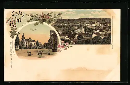 Lithographie Rüti, Dorfplatz, Ortsansicht aus der Vogelschau