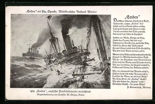 Künstler-AK Willy Stoewer: Kriegsschiff Emden englische Handelsdampfer vernichtend