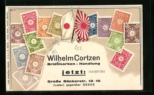 Künstler-AK Hamburg, Wilhelm Cortzen Briefmarken-Handlung, Gr. Bäckerstr. 13-15, Postgeschichte