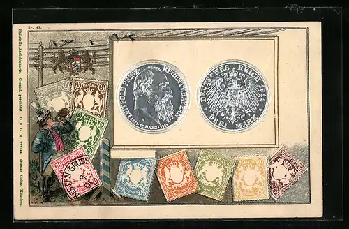 AK Prinzregent Luitpold v. Bayern, 3 Reichsmark, Geld, Briefmarken, Wappen