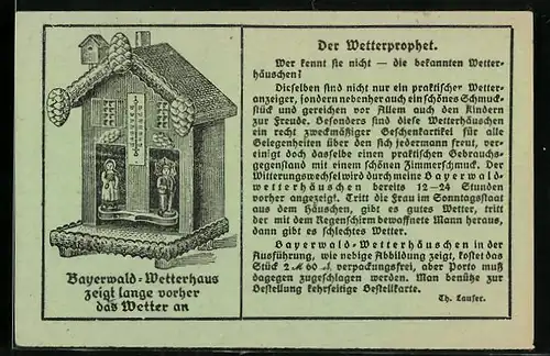 Künstler-AK Reklame für das Bayerwald-Wetterhaus, zeigt das Wetter an, Gedicht Der Wetterprophet