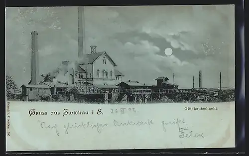 Mondschein-AK Zwickau i. S., Glückaufschacht mit Schornsteinen