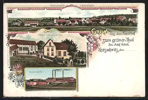 Lithographie Kretzschwitz, Gasthof zum grünen Thal, Reussengrube, Totalansicht