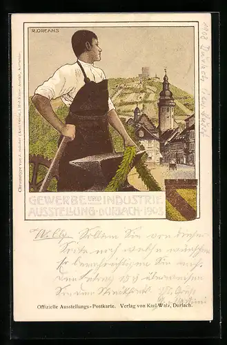 Künstler-AK Durlach, Gewerbe- und Inudstrieausstellung 1903, Metallarbeiter mit Amboss