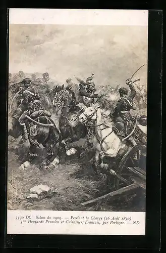 Künstler-AK Pendant la Charge, Houzards Prussien et Cuirassiers Francais