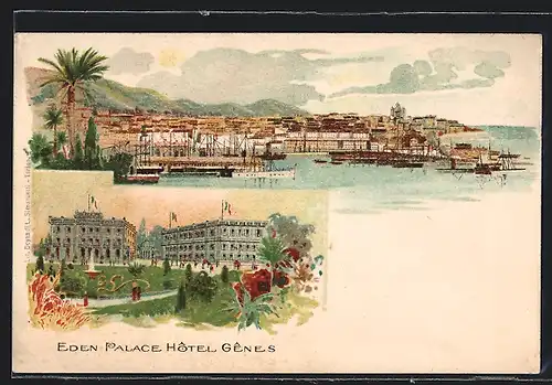 Lithographie Genova, Eden Palace Hotel, Ortsansicht mit Hafen