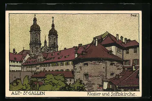 Steindruck-AK Alt-St. Gallen, Kloster und Stiftskirche