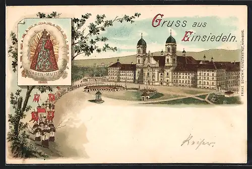 Lithographie Einsiedeln, Kloster mit Prozession