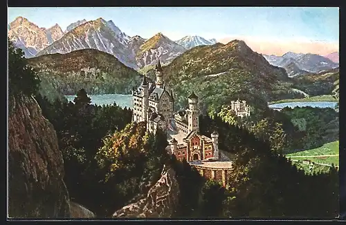 AK Schloss Neuschwanstein mit Blick auf Hohenschwangau und Gipfelpanorama