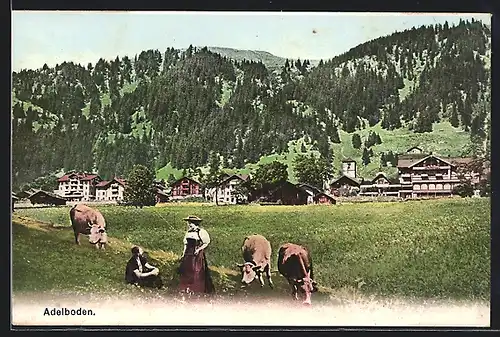 AK Adelboden, Ortspartie mit Kühen auf der Weide