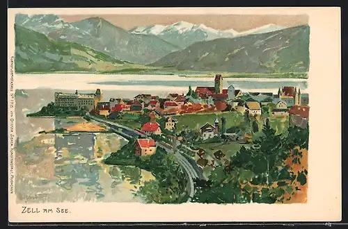 Künstler-AK sign. Hegenbart: Zell am See, Gesamtansicht mit Seeblick und Bergen