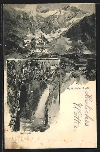 Künstler-AK Edward Theodore Compton: Kaprun, Moserboden-Hotel, Kesselfall-Alpenhaus