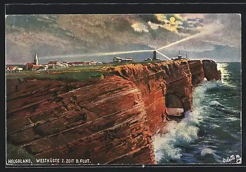 Künstler-AK Helgoland, die Westküste z. Zeit d. Flut, der Leuchtturm