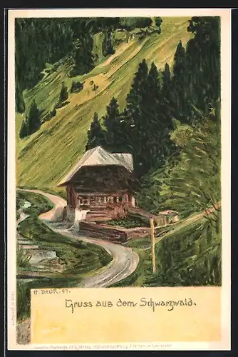 Künstler-AK sign. Hermann Daur: Schwarzwald, Haus am Fuss eines Hügels