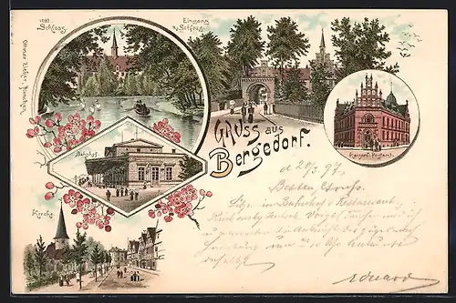 Lithographie Hamburg-Bergedorf, Schloss, Kaiserl. Postamt, Bahnhof