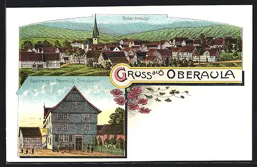 Lithographie Oberaula, Gasthaus von Heinrich Schüssler und Totale