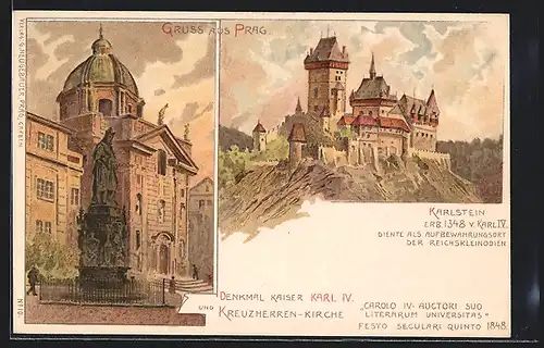 Lithographie Prag / Praha, Pomnik Karla IV. Otice Vlasti a Kostel Krizovniku, Karluv Týn