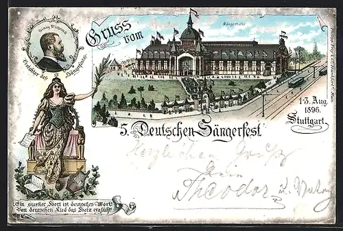 Lithographie Stuttgart, 5. Deutsches Sängerfest 1896, Sängerhalle, König Wilhelm II.