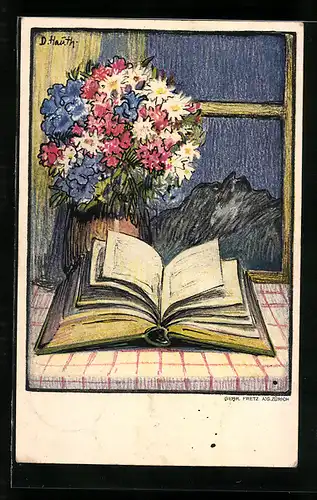 Künstler-AK Schweizer Bundesfeier 1922, Blumenstrauss mit Buch auf Tisch