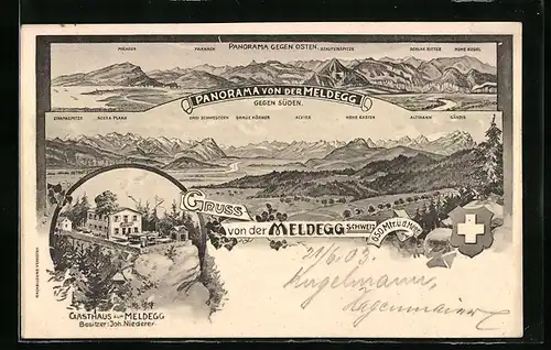 Lithographie Meldegg, Gasthaus und Gebirgspanoramen