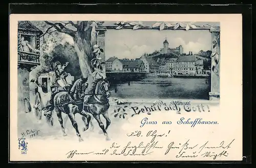 Passepartout-Lithographie Schaffhausen, Teilansicht auf Rheinbrücke, Der Munoth, Postkutsche