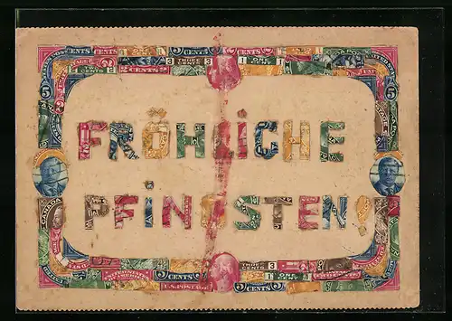 AK Briefmarkencollage als fröhliche Pfingstgrüsse